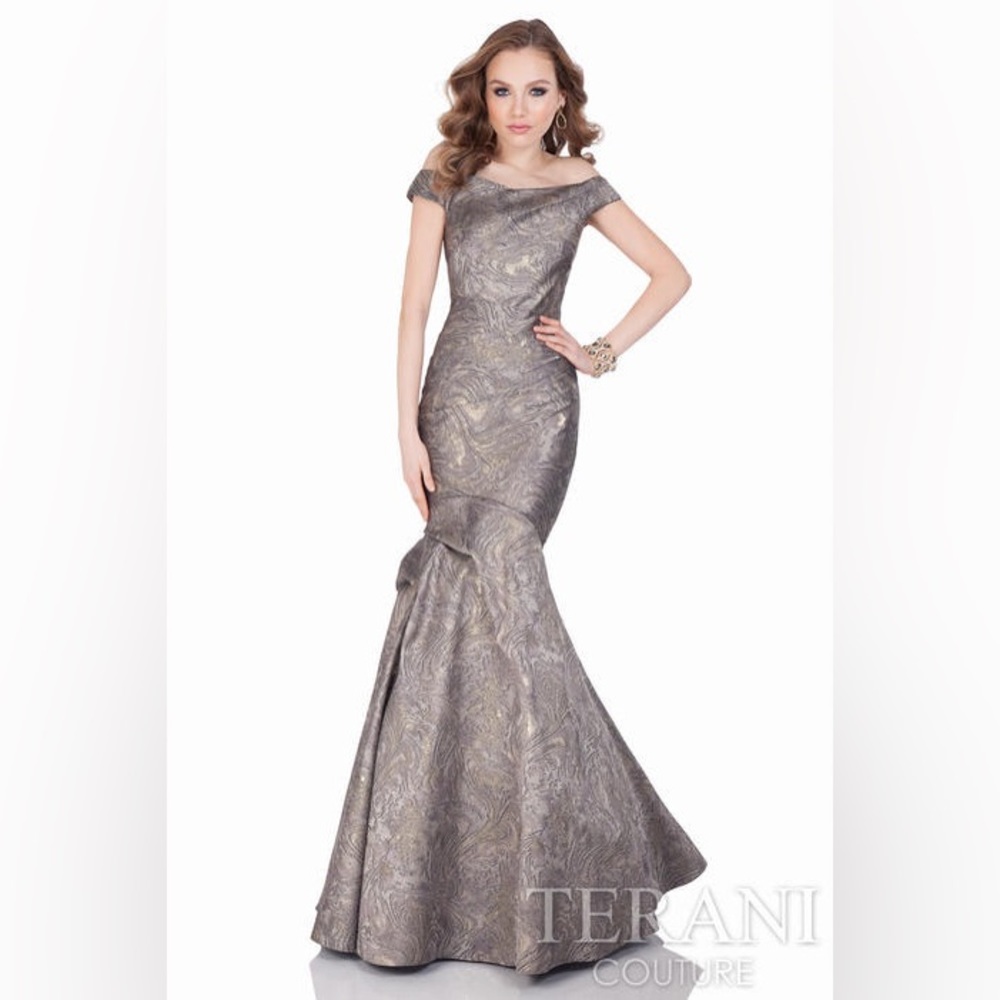 Terani Couture Off Shoulder Evening Gown Bronze